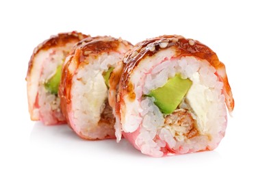 Photo of Delicious fresh sushi rolls with shrimp on white background