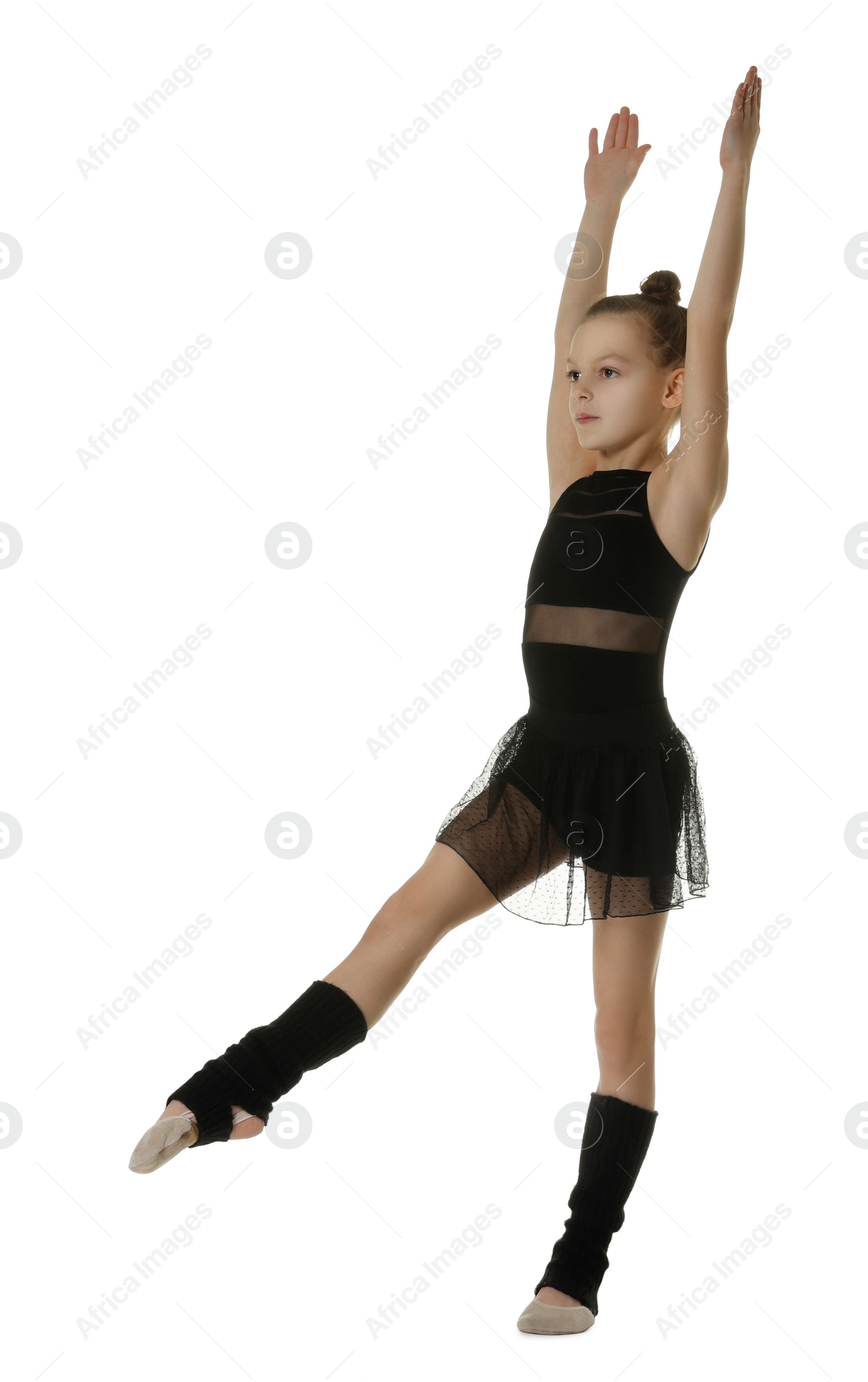 Photo of Cute little gymnast in sportswear on white background