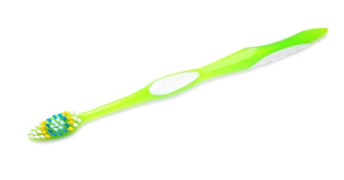 Photo of Manual toothbrush on white background. Dental care