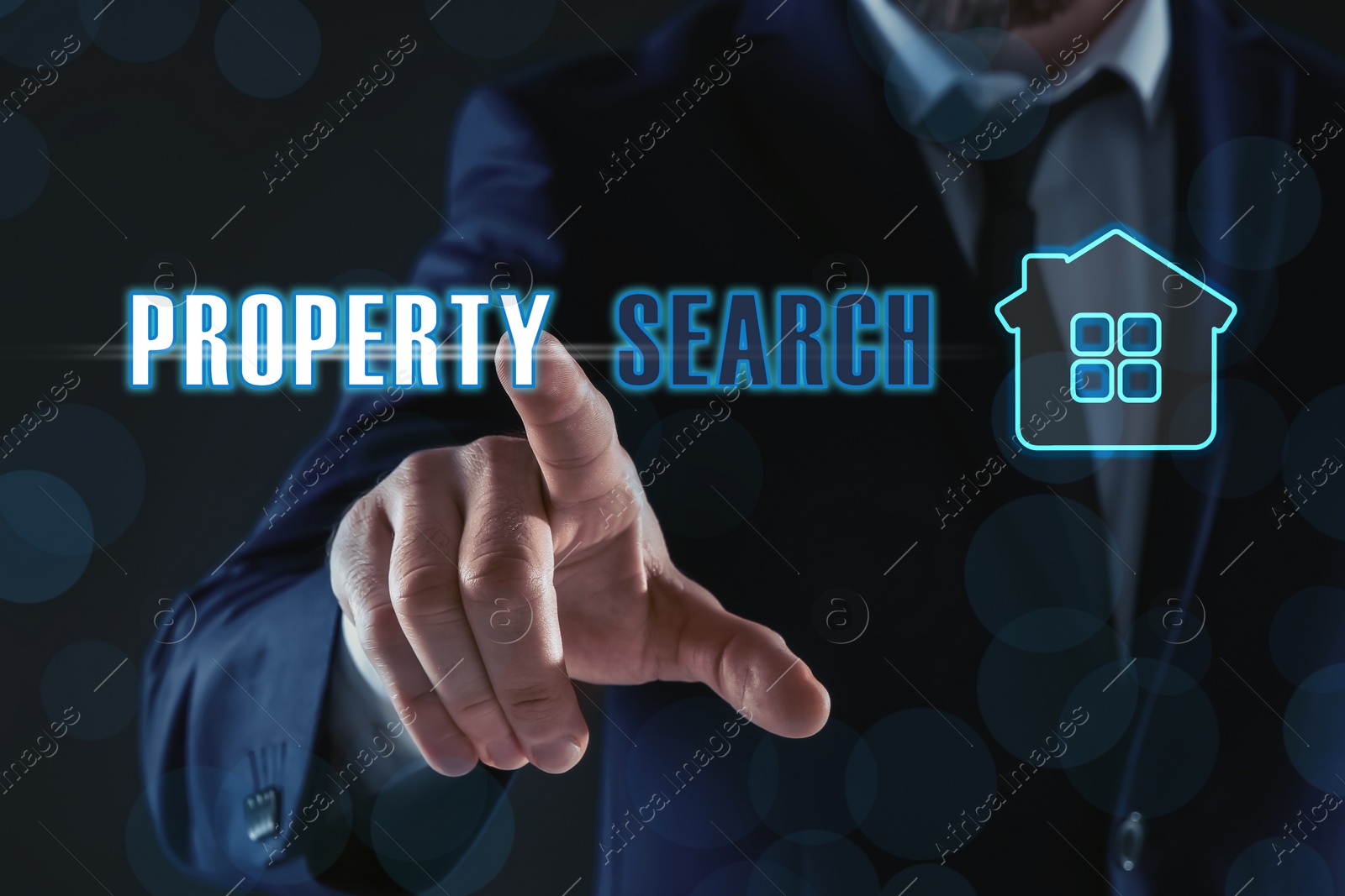 Image of Property search concept. Man using virtual screen with house illustration, closeup