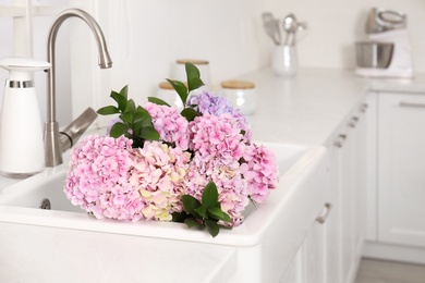 Photo of Bouquet with beautiful hydrangea flowers in sink