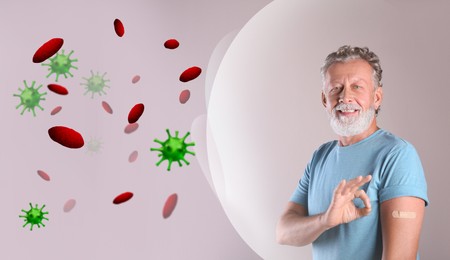 Man with strong immunity due to vaccination surrounded by viruses on grey background, banner design