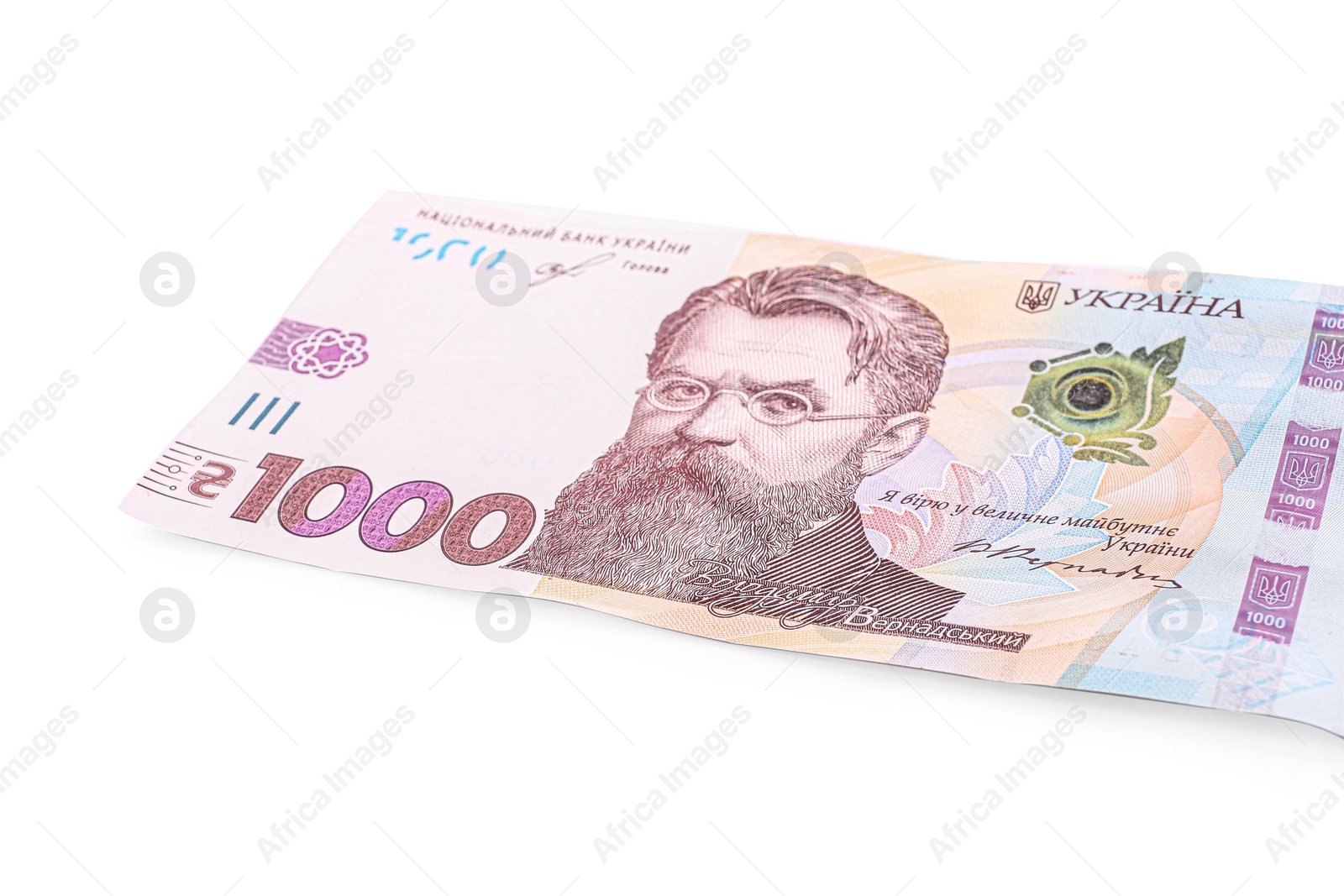 Photo of 1000 Ukrainian Hryvnia banknote on white background