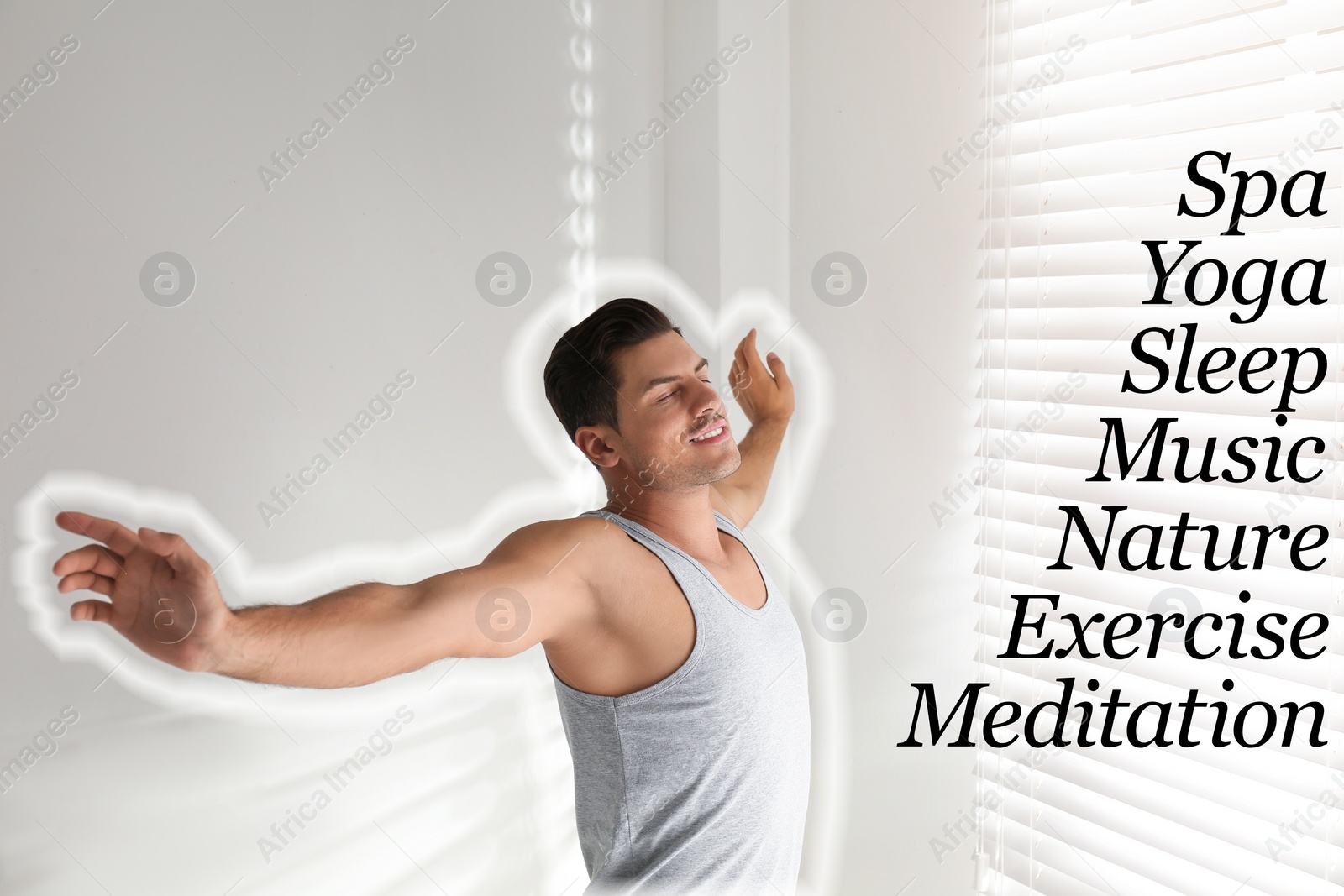 Image of Stress management techniques. Man stretching after good sleep at home