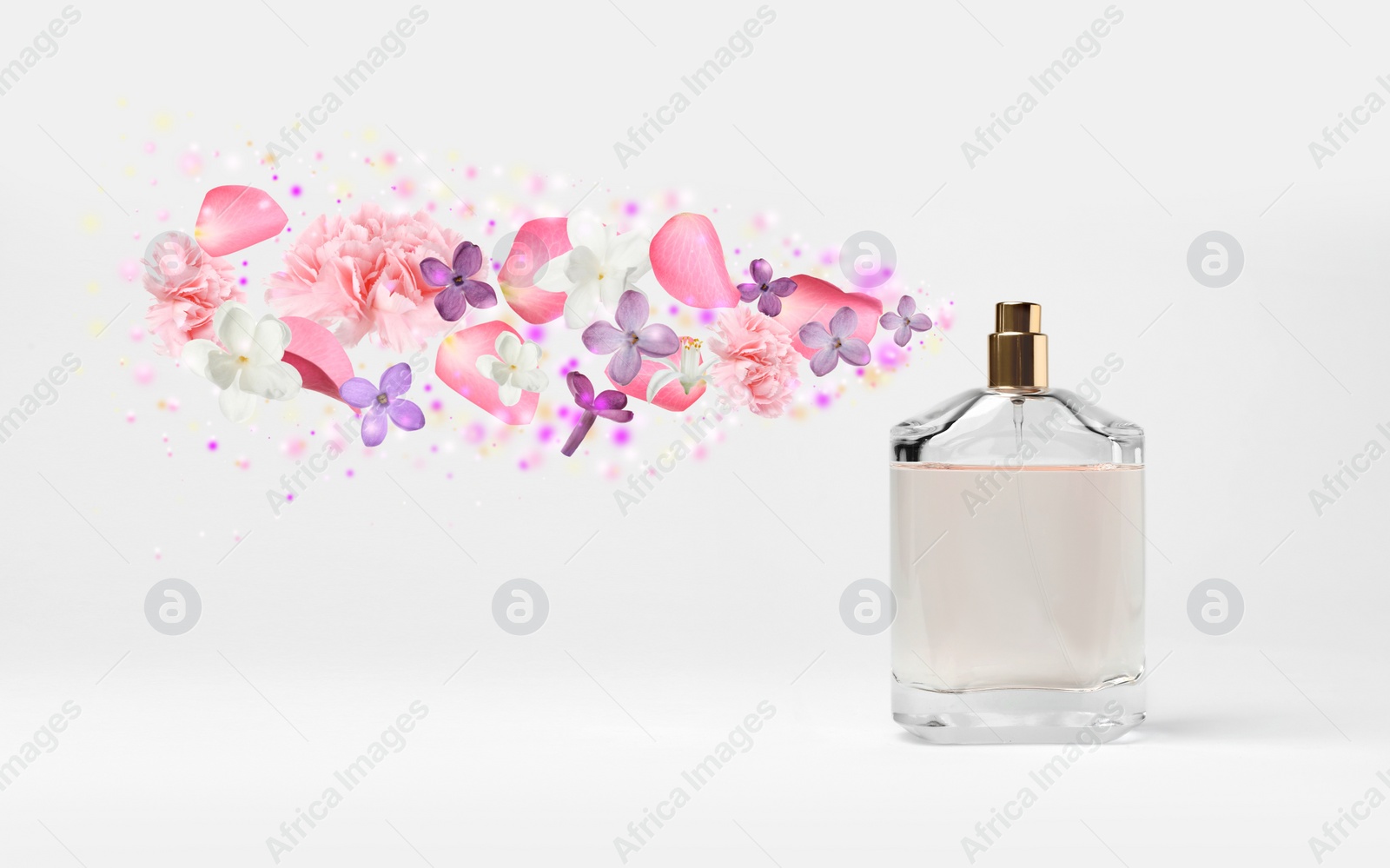 Image of Perfume with floral scent on white background