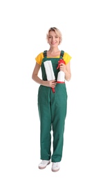 Female janitor with cleaning supplies on white background