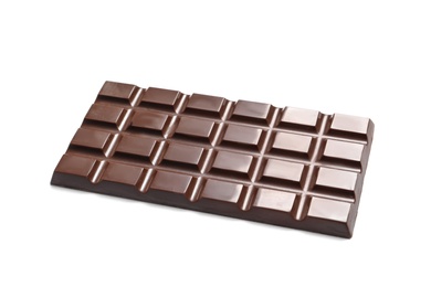 Photo of Tasty dark chocolate bar on white background