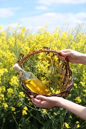 Woman holding wicker basket with rapeseed oil in bottle and flowers outdoors, closeup
