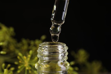 Dripping dill essential oil from pipette into bottle on black background, closeup