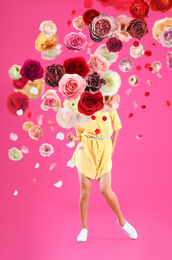 Image of Creative spring fashion composition. Dancing girl and flowers splash