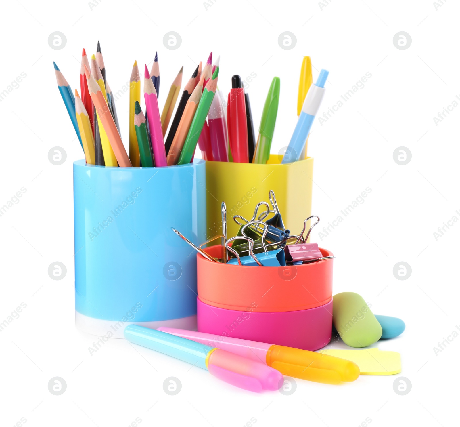 Photo of Set of colorful school stationery on white background