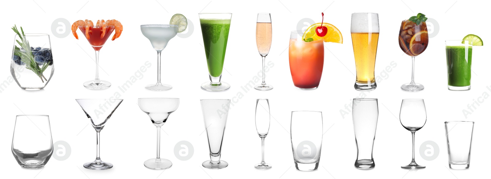 Image of Collage with full and empty glasses on white background. Banner design