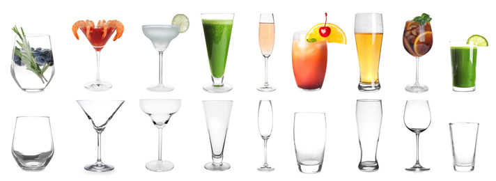 Image of Collage with full and empty glasses on white background. Banner design