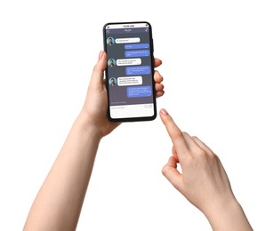 Woman texting via mobile phone on white background, closeup. Device screen with messages
