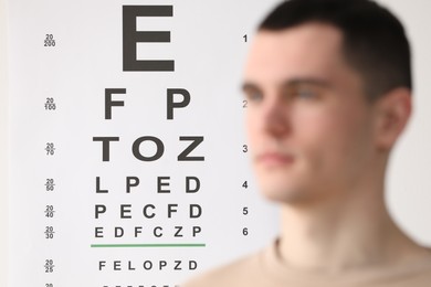 Photo of Young man against vision test chart, selective focus