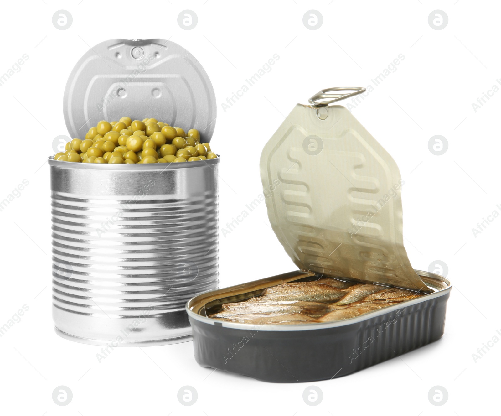 Photo of Open tin cans of peas and sprats isolated on white