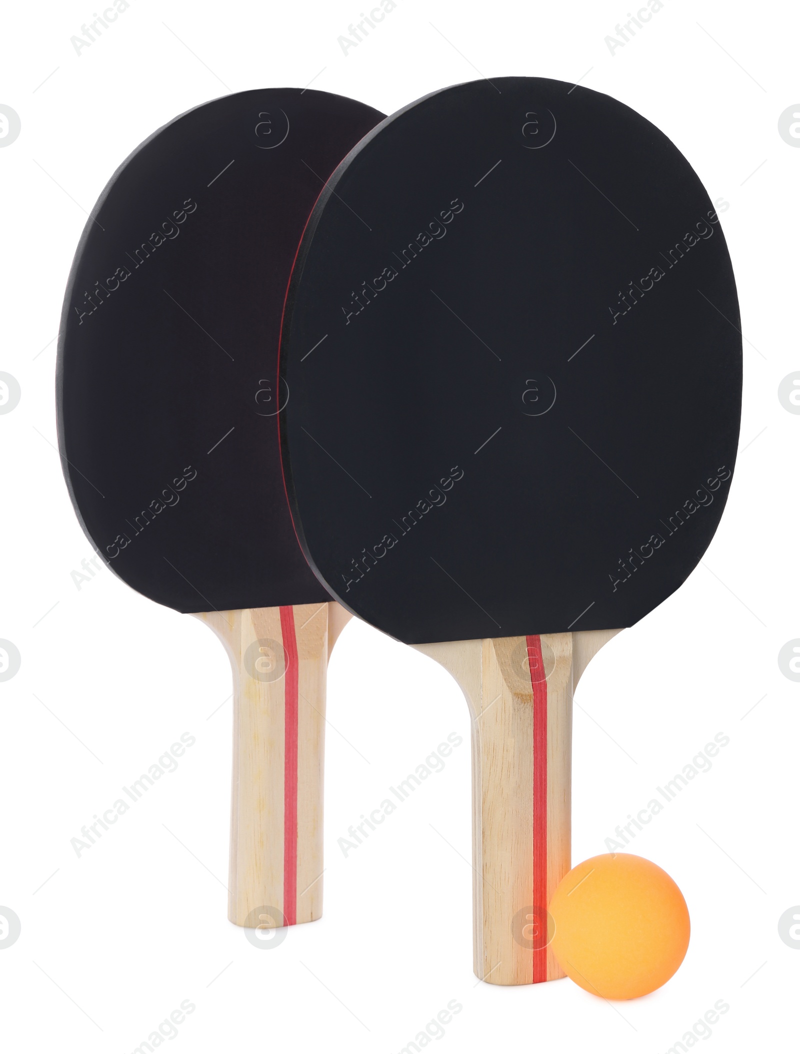 Photo of Orange plastic ball and rackets for table tennis on white background