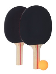 Orange plastic ball and rackets for table tennis on white background