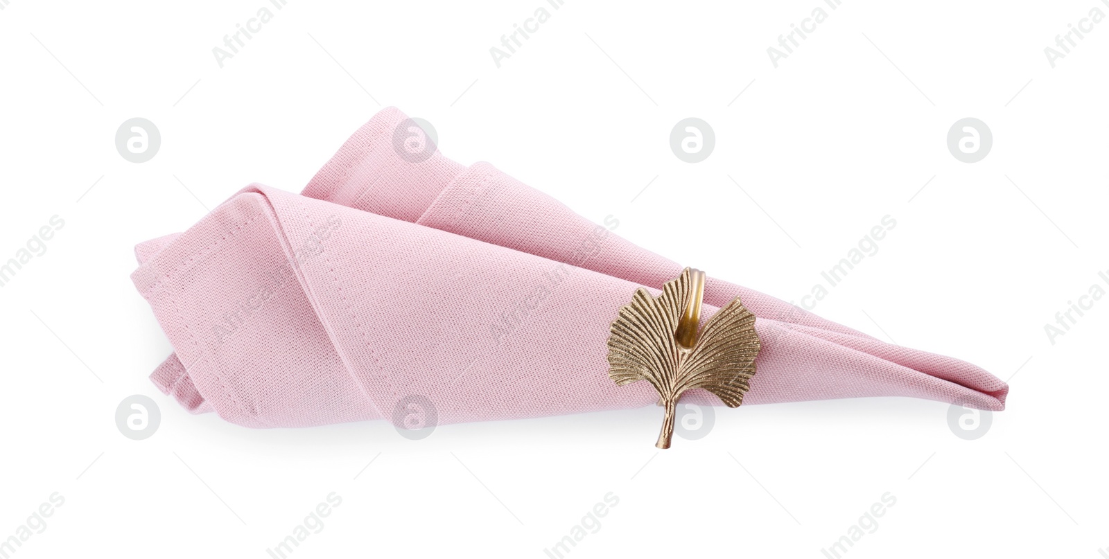 Photo of Napkin with decorative ring for table setting isolated on white, top view