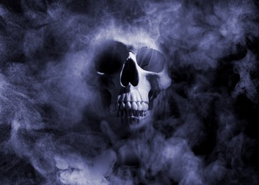 Scary skull emerging from smoke in darkness