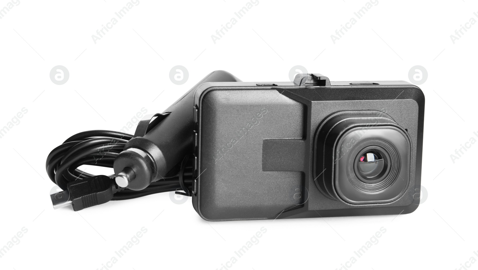 Photo of Modern car dashboard camera with charger on white background