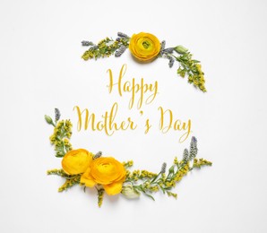 Image of Happy Mother's Day. Beautiful spring flowers on white background, flat lay