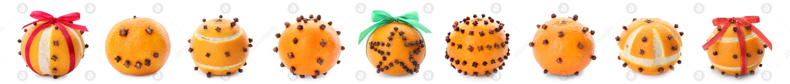 Image of Set with pomander balls made of tangerine and cloves on white background. Banner design