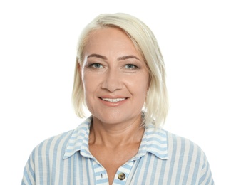 Portrait of mature woman with beautiful face on white background