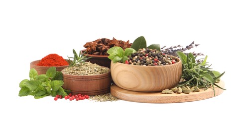 Photo of Different fresh herbs with aromatic spices on white background