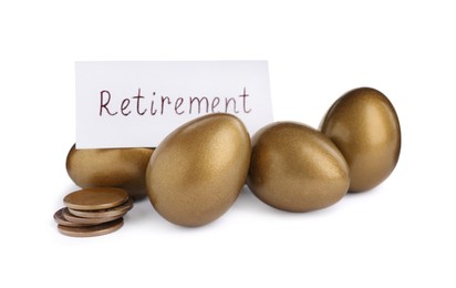 Photo of Many golden eggs, coins and card with word Retirement on white background. Pension concept