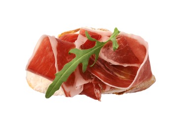 Photo of Tasty sandwich with cured ham and arugula isolated on white, top view