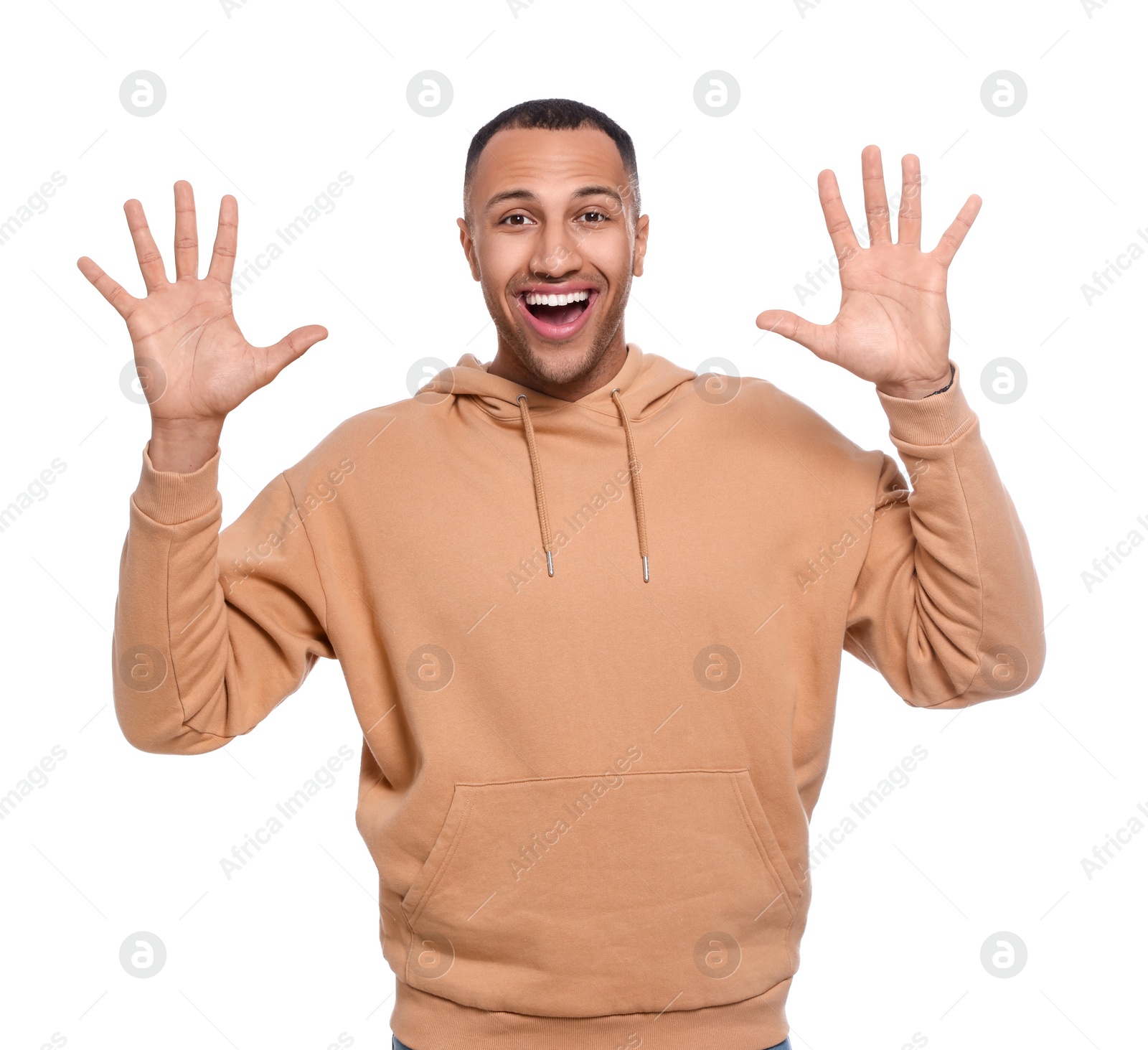 Photo of Man giving high five with both hands on white background