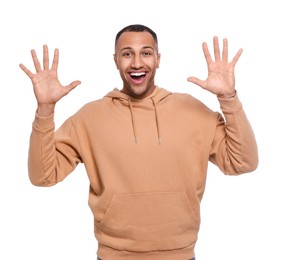 Man giving high five with both hands on white background