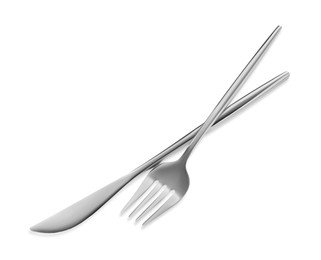 Fork and knife isolated on white. Stylish shiny cutlery set