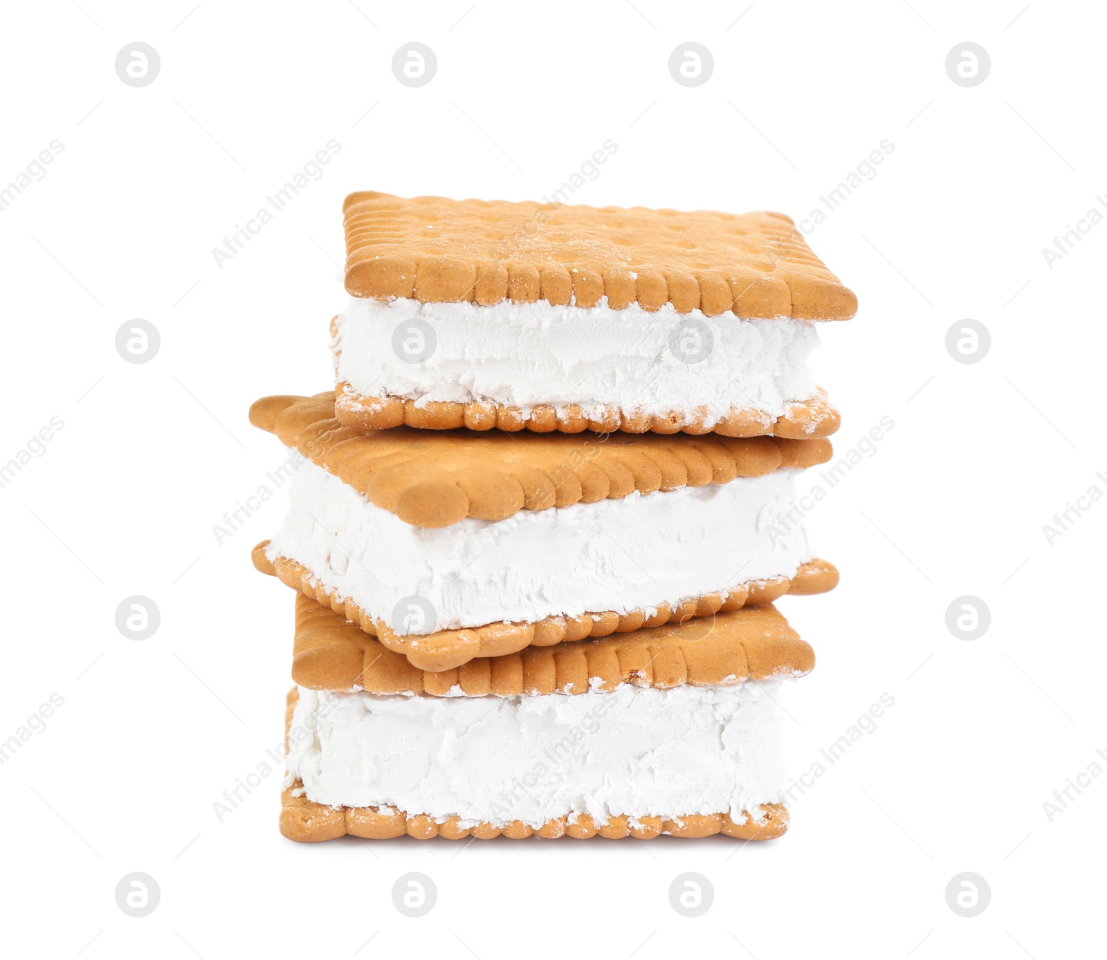 Photo of Sweet delicious ice cream cookie sandwiches isolated on white