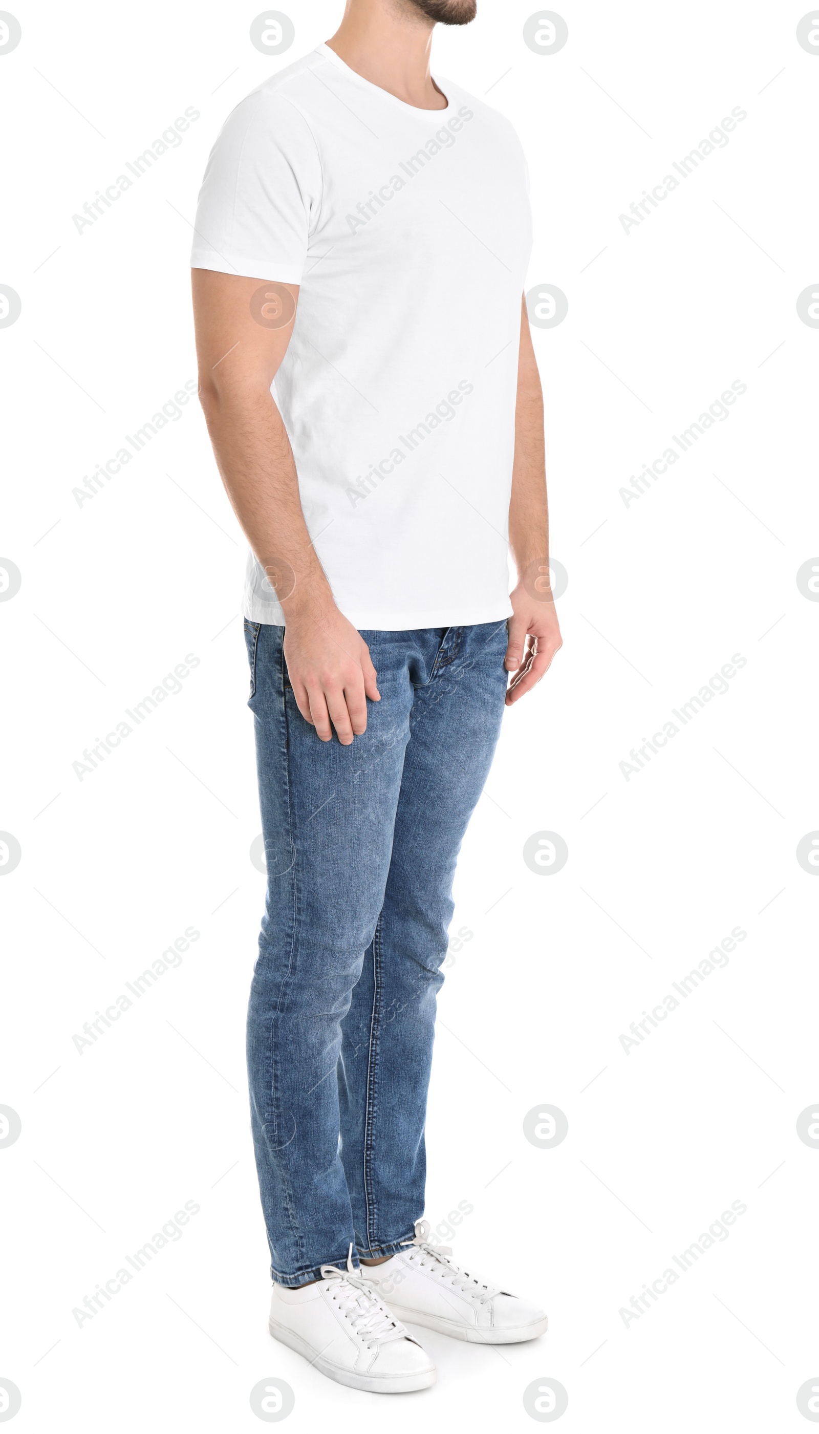 Photo of Young man on white background, closeup. Weight loss