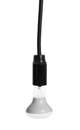 Photo of New light bulb for lamp on white background