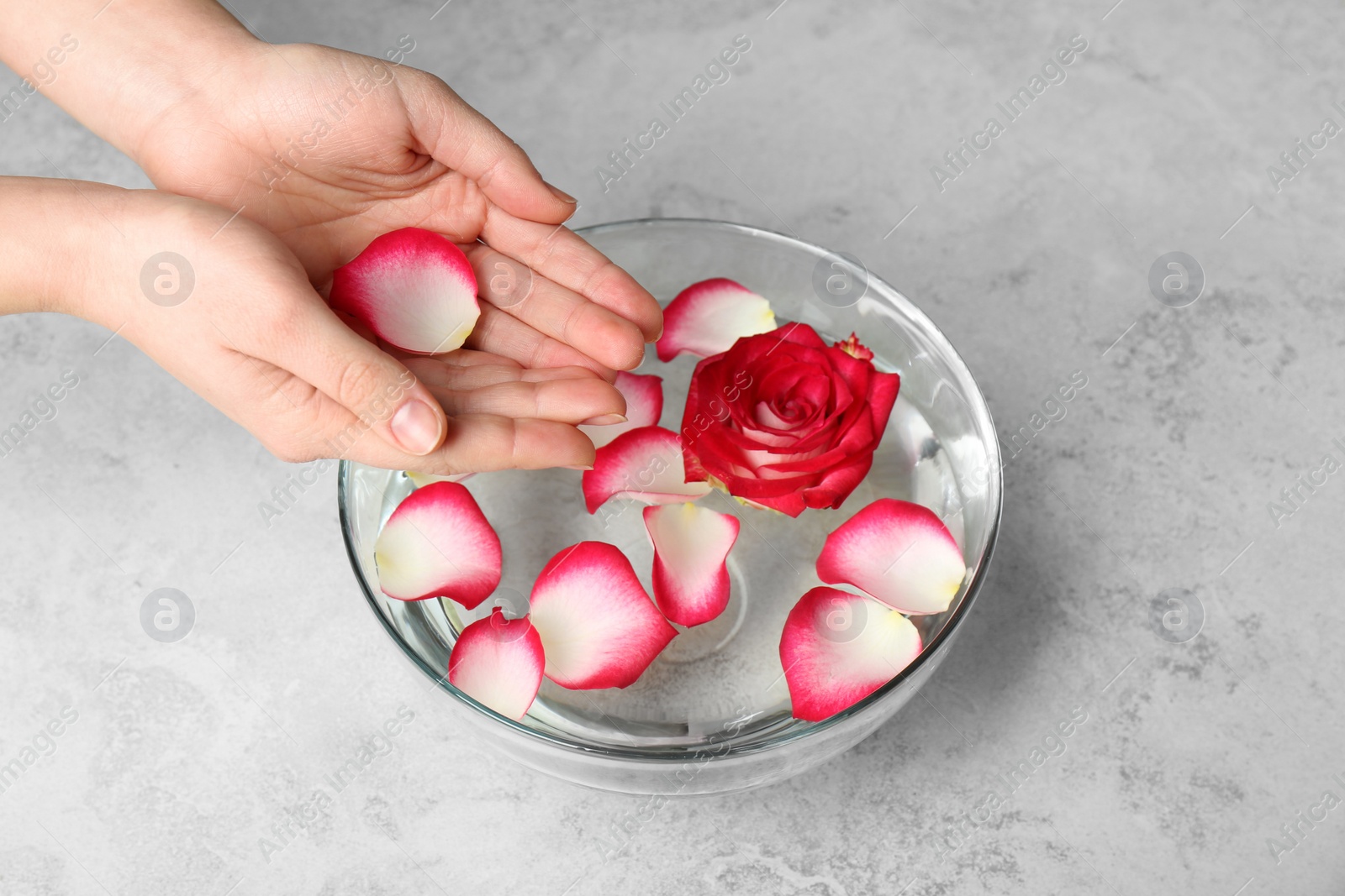 Photo of Woman with bowl of aroma spa water and rose petals on grey background, closeup