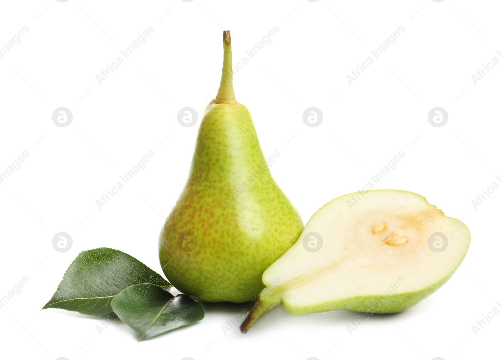 Photo of Whole and sliced pears on white background