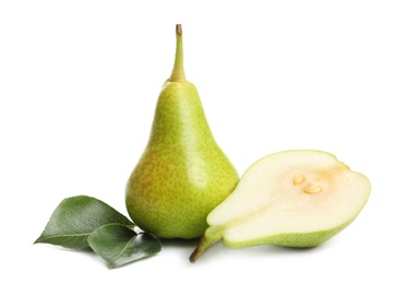 Photo of Whole and sliced pears on white background