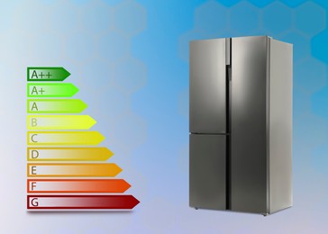 Image of Energy efficiency rating label and refrigerator on gradient color background