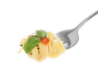 Fork with tasty pasta, basil and tomato sauce isolated on white