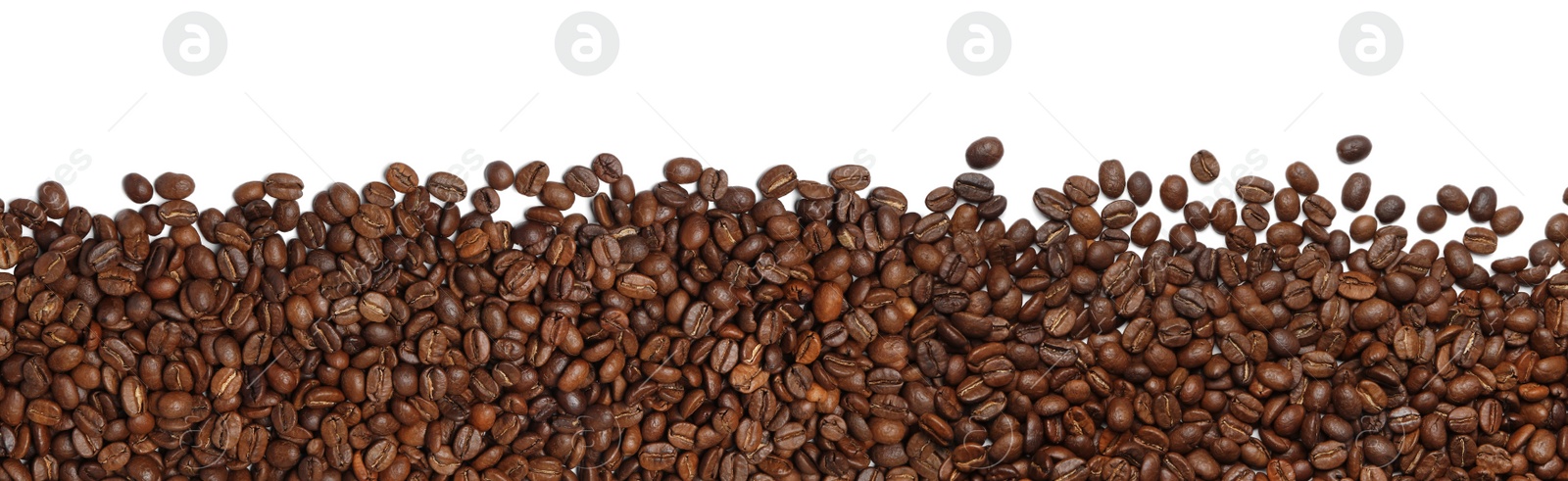 Image of Many roasted coffee beans on white background, top view. Banner design