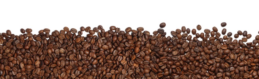 Image of Many roasted coffee beans on white background, top view. Banner design