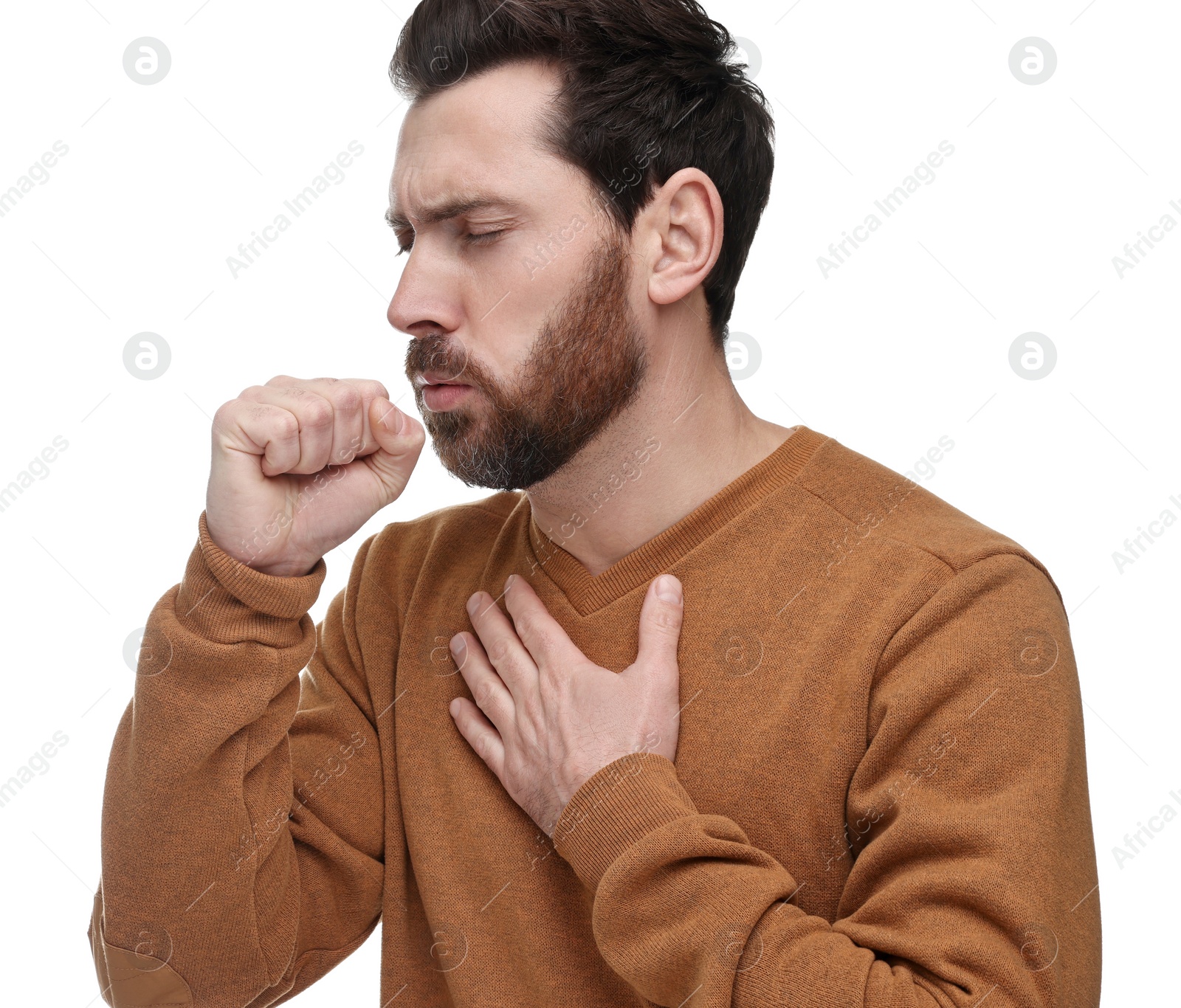 Photo of Sick man coughing on white background. Cold symptoms