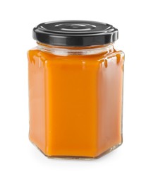 Delicious persimmon jam in jar isolated on white