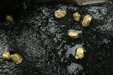 Shiny gold nuggets on wet stones, above view