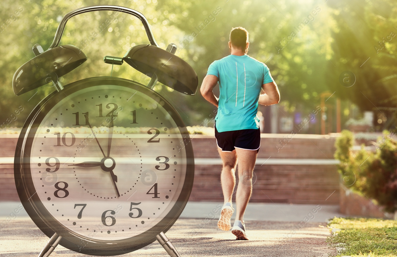 Image of Time to do morning exercises. Double exposure of man running in park and alarm clock