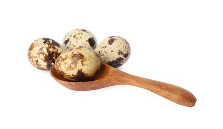 Wooden spoon and quail eggs on white background