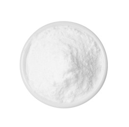 Bowl of sweet fructose powder isolated on white, top view